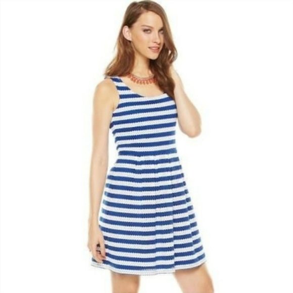 Elle Dresses & Skirts - Elle Eyelet Box Pleat Blue and White Stripe Dress